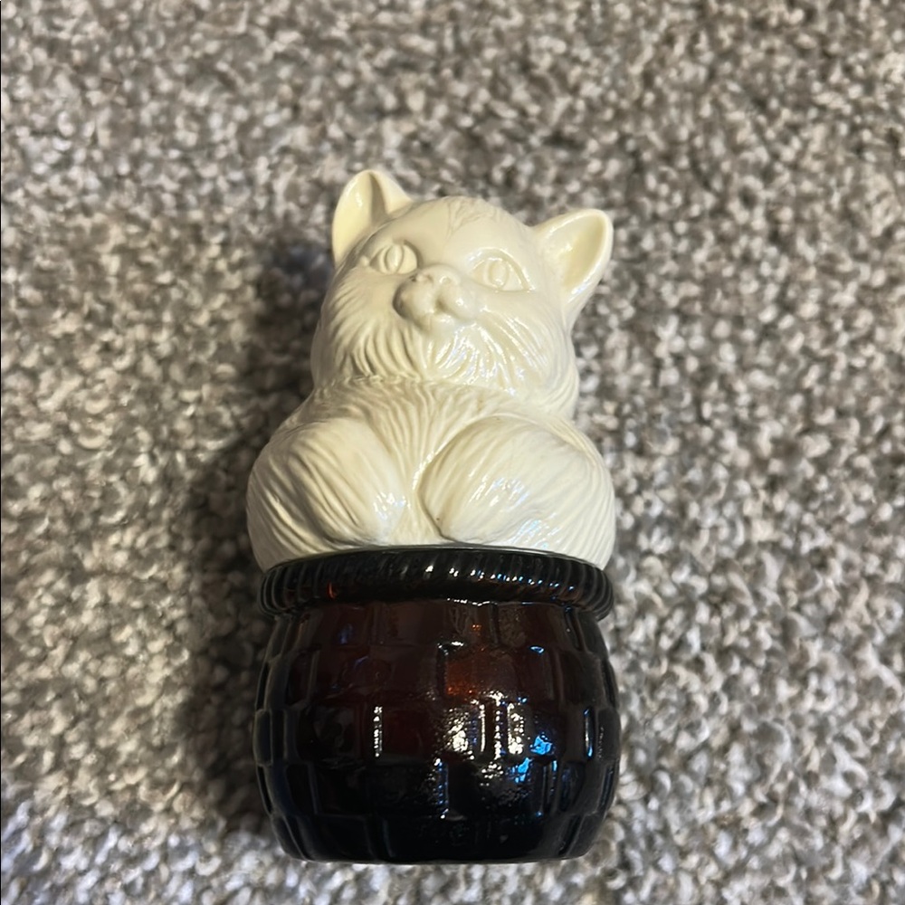 Vintage Avon Glass Ceramic Cat Figurine with Brown Base Retro